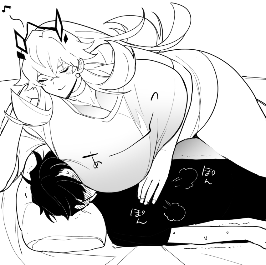 1boy 1girl barghest_(fate) between_breasts black_shirt breast_rest breasts breasts_on_head choker crown earrings fate/grand_order fate_(series) fujimaru_ritsuka_(male) greyscale head_between_breasts highres huge_breasts jewelry makuro monochrome shirt sweat translation_request