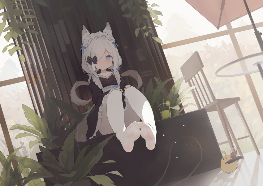 1girl :&lt; absurdres alternate_costume animal_ear_fluff animal_ears artist_name azur_lane black_bow black_dress blue_bow blue_eyes bow chair chinese_commentary closed_mouth commentary_request dress drink drinking_straw enmaided feet foot_focus fox_ears fox_girl fox_tail full_body glass hair_bow hair_over_one_eye highres kasumi_(azur_lane) kasumi_1118 light_blush light_particles low_twintails maid maid_headdress manjuu_(azur_lane) no_shoes obi obijime outdoors pantyhose petticoat sash soles solo swept_bangs table tail toes twintails umbrella wa_maid white_pantyhose