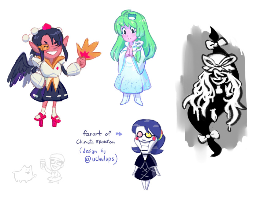 2boys 3girls annoying_dog berdly_(deltarune) berdly_(deltarune)_(cosplay) black_hair black_skirt black_wings blue_hair commentary cosplay deltarune dog dress english_commentary english_text feathered_wings frog_hair_ornament full_body gap_(touhou) geta glasses green_hair grin hair_ornament hat hauchiwa heterochromatic_eyewear highres kochiya_sanae looking_at_viewer multiple_boys multiple_girls noelle_holiday noelle_holiday_(cosplay) pink-tinted_eyewear red_footwear red_hat redinthesea scouter shameimaru_aya shirt simple_background skirt smile snake_hair_ornament spamton_g._spamton standing tengu-geta tenkyuu_chimata tenkyuu_chimata_(cosplay) tinted_eyewear tokin_hat touhou undertale w.d._gaster white_background white_dress white_shirt wings yakumo_yukari yellow-tinted_eyewear zun