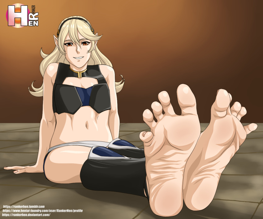 1girl armor armpit_crease arms_at_sides artist_logo barefoot black_bra black_hairband black_panties bra breasts broken_armor collarbone eyelashes feet female_corrin_(fire_emblem) female_focus fingernails fire_emblem fire_emblem_fates fire_emblem_warriors flipped_hair foot_focus full_body grey_hair hair_between_eyes hair_ornament hairband happy intelligent_systems legs legs_together logo long_hair looking_at_viewer medium_breasts midriff navel nintendo official_alternate_costume official_underwear outdoors panties parted_lips pointy_ears public_indecency rankerhen red_eyes sidelocks sitting smile soles sports_bra spread_toes stomach stone_floor toenails toes underwear underwear_only wavy_hair