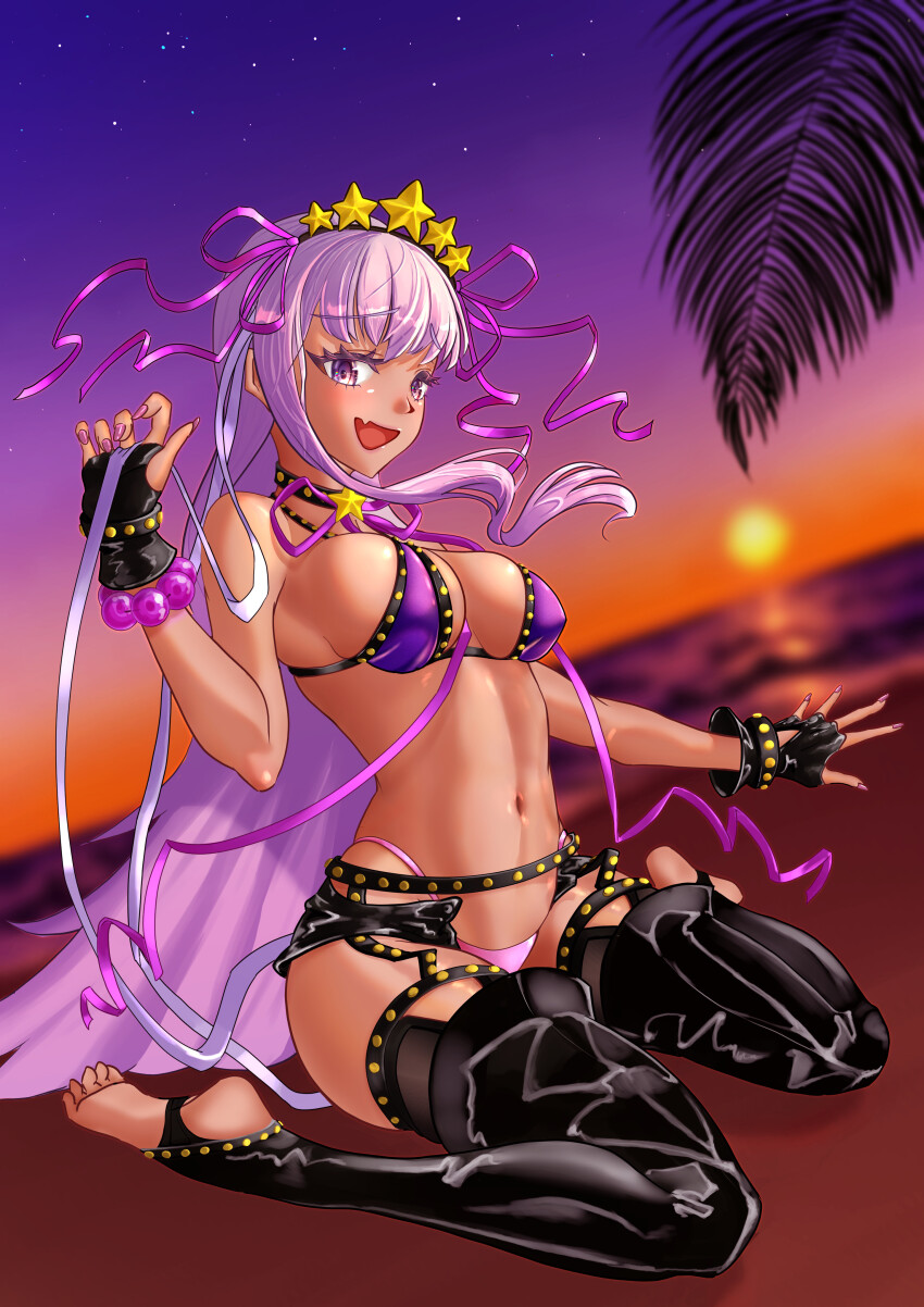 1girl absurdres atenderliver bare_shoulders bb_(fate) bb_(swimsuit_mooncancer)_(fate) bb_(swimsuit_mooncancer)_(second_ascension)_(fate) beach bead_bracelet beads bikini black_gloves black_shorts black_thighhighs blush bracelet breasts cleavage dark-skinned_female dark_skin fate/grand_order fate_(series) fingerless_gloves garter_belt gloves hair_ornament hair_ribbon hairband highres jewelry large_breasts long_hair looking_at_viewer micro_shorts navel neck_ribbon open_mouth orange_sky purple_bikini purple_eyes purple_hair purple_sky ribbon shore shorts sky smile solo star_(symbol) star_hair_ornament stirrup_legwear sunset swimsuit tan thighhighs toeless_legwear twilight very_long_hair