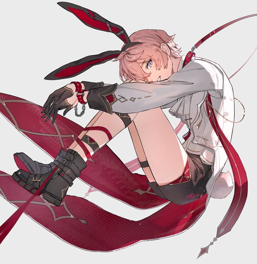 1boy absurdres aji_11300913 animal_ear_hairband animal_ears ascot belt belt_collar black_boots black_shorts blue_eyes boots bracelet chain coat coattails collar dahlia_(genshin_impact) fake_animal_ears floating_clothes from_side genshin_impact grin hair_behind_ear hairband headband highres jewelry knees_up lapels leash long_sleeves looking_at_viewer male_focus parted_bangs pink_hair profile rabbit_ear_hairband rabbit_ears rabbit_tail red_collar shirt short_hair shorts simple_background sleeve_cuffs smile solo tail teeth thigh_belt thigh_strap two-sided_coat two-sided_fabric white_ascot white_background white_coat