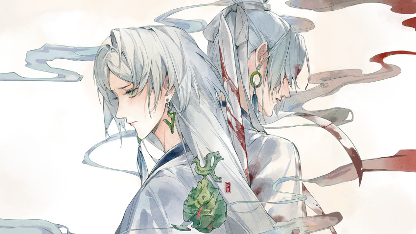 1boy 1girl artist_logo back-to-back blood blood_in_hair blood_on_clothes bloody_weapon character_request chinese_clothes du_ruo_(path_to_nowhere) earrings forehead forehead_jewel gradient_background green_eyes highres holding holding_behind_back holding_weapon_behind_back hoop_earrings houraisan_chouko incense_burner jade_(gemstone) jewelry jian_(weapon) logo long_hair mismatched_earrings parted_bangs path_to_nowhere smoke smoke_trail tassel tassel_earrings topknot upper_body weapon white_background white_hair