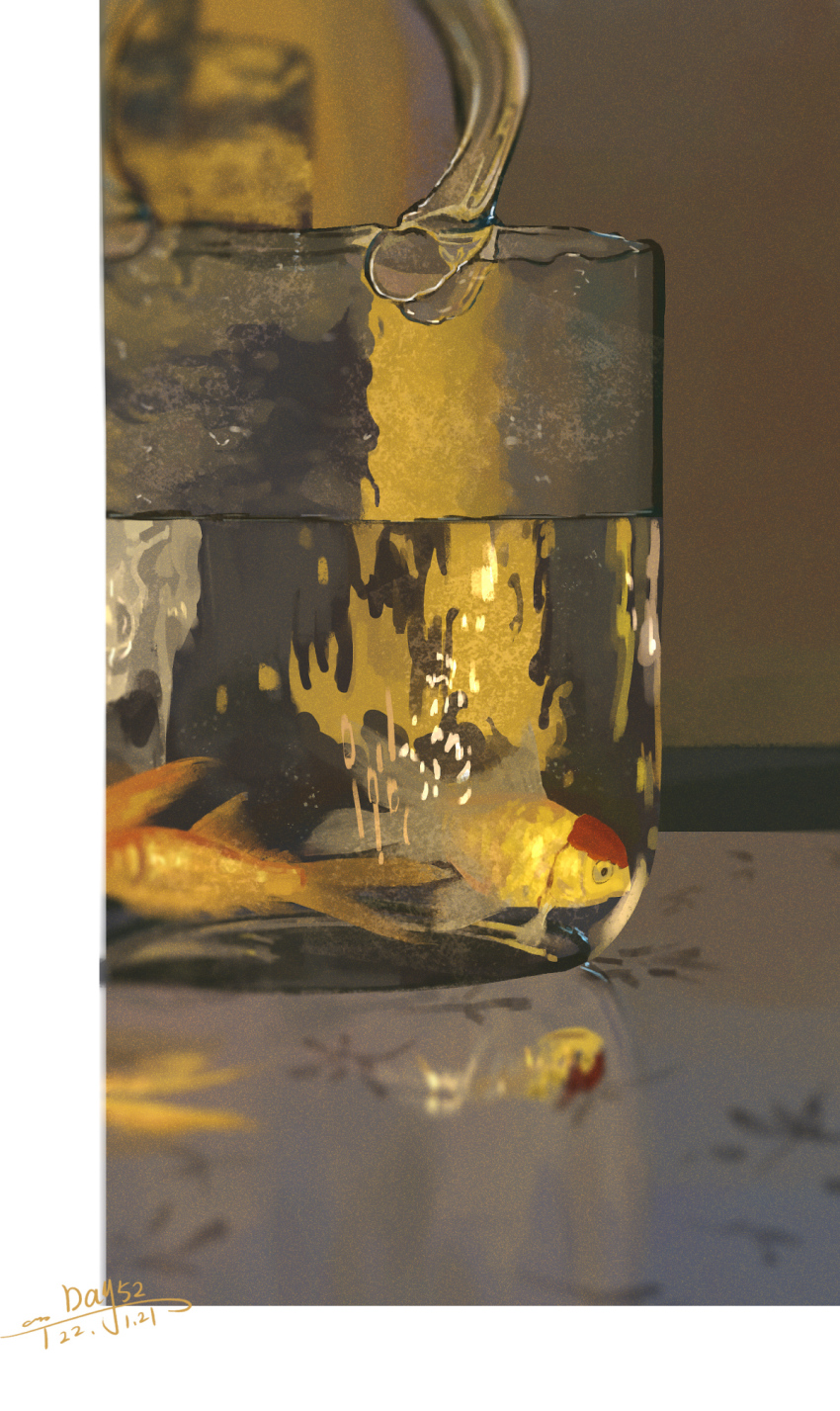 animal_focus bag border chinese_commentary commentary_request dated handbag highres indoors koi no_humans original reflection sanshui_guantang signature table transparent_bag water white_border
