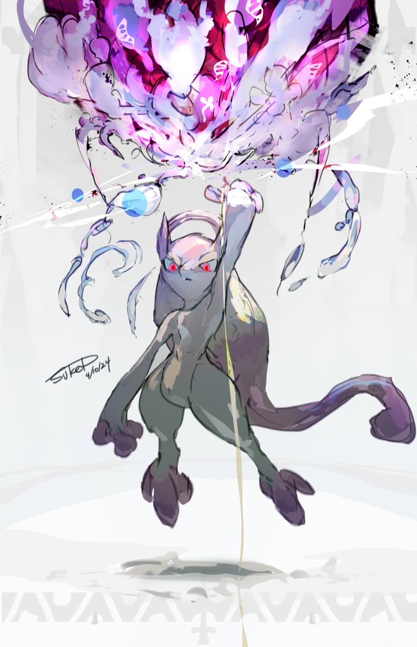 1other absurdres animal_feet animal_hands arm_at_side arm_up artist_name closed_mouth colored_skin dated floating full_body furry gen_1_pokemon grey_background head_tail highres legendary_pokemon looking_at_viewer mega_evolution mega_mewtwo_y mega_pokemon mewtwo multicolored_skin nintendo other_focus outstretched_arm pokemon pokemon_(creature) purple_skin red_eyes signature solo sukepmonster two-tone_skin white_skin
