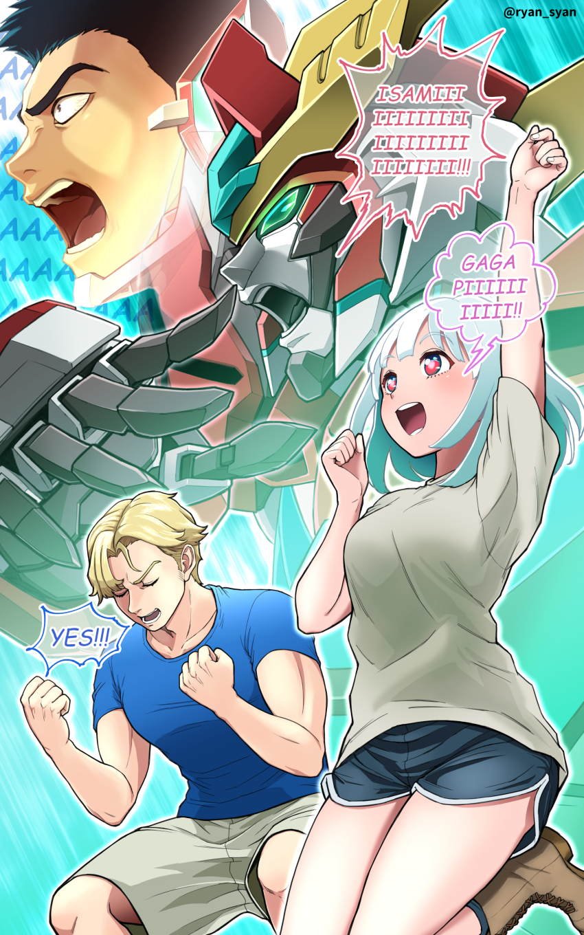 1girl 3boys :d absurdres ao_isami arm_up black_hair black_shorts blonde_hair blue_shirt bravern brown_footwear character_name cheering clenched_hands closed_eyes gachirin highres lewis_smith lulu_(bang_bravern) mecha multiple_boys open_mouth red_eyes robot screaming shirt short_shorts shorts smile speech_bubble t-shirt yuuki_bakuhatsu_bang_bravern