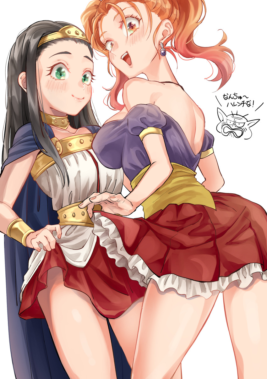 2girls absurdres atarime_(atarimemakaron) black_hair breasts dragon_quest dragon_quest_viii earrings female_focus green_eyes highres jessica_albert jewelry large_breasts looking_at_viewer matching_hair/eyes medea_(dq8) multiple_girls orange_eyes orange_hair skirt standing