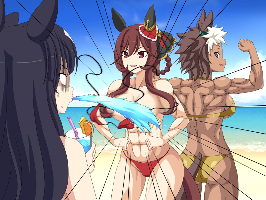2girls abs animal_ears ass beach bikini black_hair braid braided_hair_rings breasts brown_hair convenient_censoring cowboy_shot ear_covers flexing gentildonna_(umamusume) hair_rings heart-shaped_ornament heart_ear_ornament highres horizon horse_ears horse_girl horse_tail large_breasts long_hair mejiro_ryan_(umamusume) multiple_girls muscular muscular_female ocean rappa_(rappaya) red_bikini short_hair spit_take spitting swimsuit tail umamusume unlikely_accident verxina_(umamusume) wardrobe_malfunction water water_censor yellow_bikini