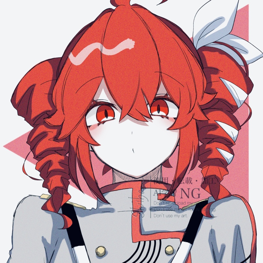 1girl bow closed_mouth collared_shirt crossed_bangs dot_mouth drill_hair grey_shirt hair_between_eyes hair_bow hair_ribbon highres kasane_teto kasane_teto_(sv) medium_hair red_eyes red_hair ribbon shirt sidelocks slit_pupils solo synthesizer_v twin_drills urano_shibano watermark whistling white_bow white_ribbon