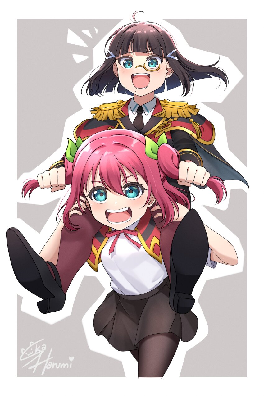 2girls absurdres ahoge alternate_hair_length alternate_hairstyle aqua_eyes black_cape black_footwear black_hair black_jacket black_necktie black_pantyhose black_skirt blunt_bangs blush cape capelet carrying collared_shirt dia_(genjitsu_no_yohane) epaulettes genjitsu_no_yohane hand_on_another&#039;s_leg high_heels highres jacket kurosawa_dia kurosawa_ruby love_live! love_live!_sunshine!! medium_hair mole mole_under_mouth monocle multiple_girls necktie open_mouth outline pantyhose red_capelet red_hair red_pantyhose ruby_(genjitsu_no_yohane) shirt shoulder_carry siblings sidelocks signature sisters ska.harumi skirt two_side_up upper_body white_outline white_shirt