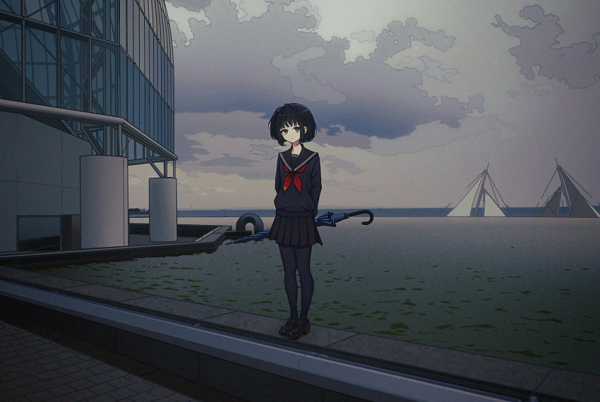 1girl amemori_sayo black_eyes black_hair black_pantyhose black_sailor_collar black_serafuku black_shirt black_skirt blue_umbrella closed_mouth closed_umbrella cloud cloudy_sky commentary day english_commentary hair_ornament highres holding holding_umbrella loafers location_request long_sleeves looking_at_viewer neckerchief nijisanji nkymyura ocean one_side_up outdoors pantyhose pleated_skirt railing red_neckerchief sailor_collar school_uniform serafuku shirt shoes short_hair sidelocks skirt sky solo umbrella virtual_youtuber wide_shot
