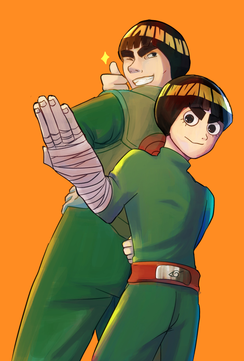 2boys absurdres arm_behind_back black_eyes black_hair green_pants green_shirt highres long_sleeves male_focus miei might_guy multiple_boys naruto_(series) orange_background outstretched_hand pants rock_lee shirt short_hair sleeveless sleeveless_jacket smile thick_eyebrows thumbs_up
