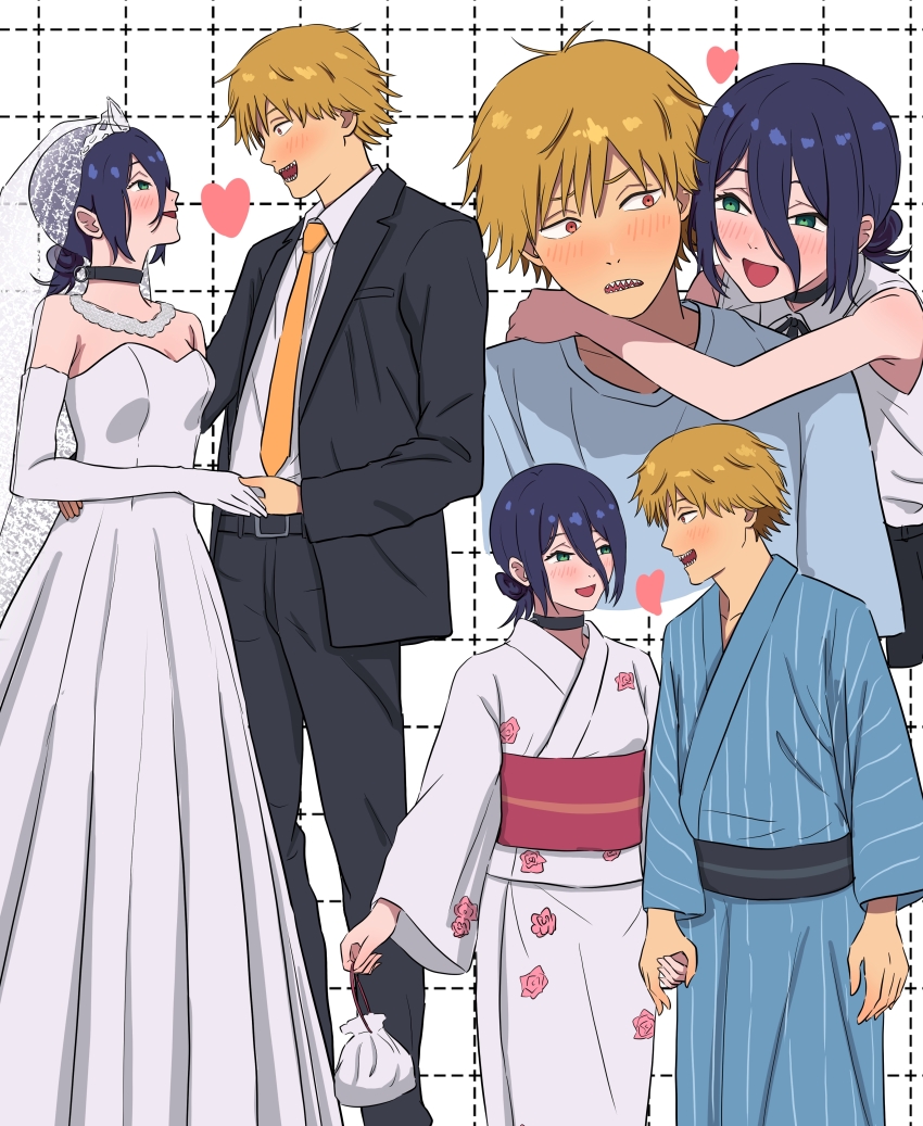 1boy 1girl absurdres black_choker black_suit blonde_hair blue_hair blue_kimono blush bridal_veil bride chainsaw_man choker commentary_request denji_(chainsaw_man) dotted_line dress dress_shirt elbow_gloves eye_contact formal_clothes gloves grenade_pin grid_background groom hair_between_eyes hand_on_another&#039;s_waist heart hetero highres holding_hands husband_and_wife japanese_clothes kimono looking_at_another multiple_views obi reze_(chainsaw_man) sash sharp_teeth shirt sleeveless sleeveless_shirt smile strapless strapless_dress striped_clothes striped_kimono suit teeth tiara veil vertical-striped_clothes vertical-striped_kimono white_dress white_gloves white_kimono white_shirt yoshikirino yukata