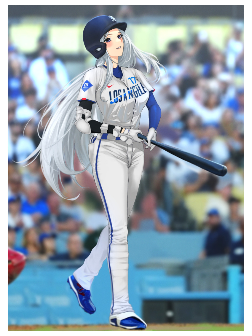 1girl absurdres akizuki_(17769498) azur_lane baseball baseball_bat baseball_cap baseball_field baseball_helmet baseball_jersey baseball_stadium baseball_uniform batter belt blue_belt blue_eyes blue_footwear blue_helmet blue_shirt blue_undershirt blurry blurry_background cleats clothes_writing commentary country_connection crowd full_body gloves grin hat helmet highres holding holding_baseball_bat jersey layered_shirt logo long_hair long_sleeves los_angeles_dodgers nike_(company) ootani_shouhei outside_border pants photo_background playing_sports shirt shirt_under_shirt smile solo_focus sportswear standing striped_belt teeth very_long_hair white_gloves white_hair white_pants white_shirt yorktown_(azur_lane)