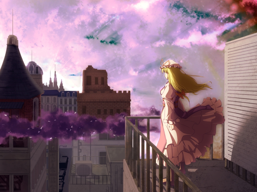 1girl balcony beam blonde_hair bow city contemporary dome dress female_focus from_behind gap_(touhou) greyscale hair_bow hat hat_ribbon highres kyoro1230 kyoro_(asdfg-hjkl) long_hair monochrome railing ribbon solo sun tabard touhou twilight white_dress wind window yakumo_yukari
