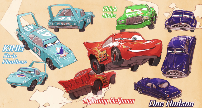 aqua_eyes aqua_skin car cars_(movie) character_name chick_hicks clenched_teeth colored_skin commentary_request decal doc_hudson green_skin grin half-closed_eyes kan_(punsukapun) lightning_mcqueen logo looking_at_viewer motor_vehicle multiple_views no_humans orange_eyes purple_skin red_skin simple_background smile sticker strip_weathers teeth unused_tire vehicle_focus wheel yellow_eyes
