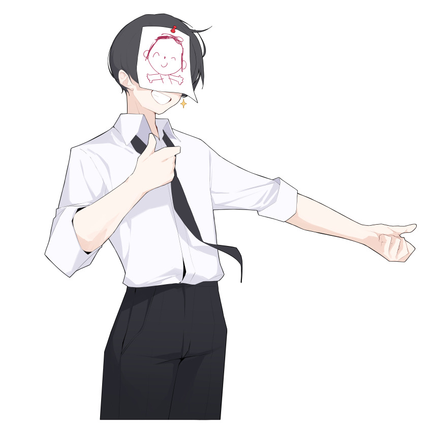 1boy absurdres black_hair black_necktie black_pants blue_archive collared_shirt covered_face highres mona_kkkk necktie pants sensei_(blue_archive) shirt simple_background three-quarter_sleeves sleeves_rolled_up smile solo white_background white_shirt