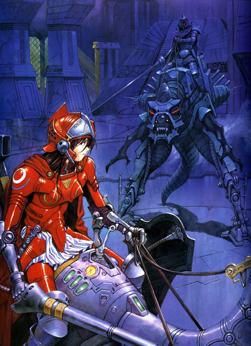 1990s_(style) 1girl armor creature gainax helmet highres holding_polearm knight lance long_hair olympia_(gainax) polearm sadamoto_yoshiyuki scan traditional_media weapon