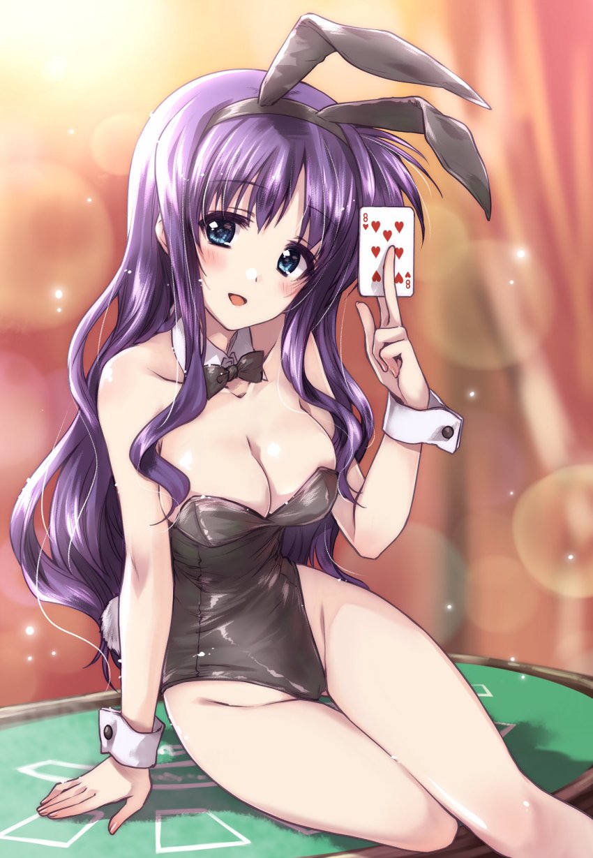 1girl animal_ears black_bow black_bowtie black_leotard blue_eyes blurry blurry_background bow bowtie breasts card cleavage commentary_request depth_of_field detached_collar fake_animal_ears fake_tail gluteal_fold groin head_tilt highres holding holding_card kuroi_mimei legs lens_flare leotard light_blush light_particles long_hair looking_at_viewer lyrical_nanoha mahou_shoujo_lyrical_nanoha medium_breasts open_mouth playboy_bunny playing_card poker_table purple_hair rabbit_ears rabbit_tail sitting skindentation smile solo strapless strapless_leotard table tail thigh_gap tsukimura_suzuka wing_collar wrist_cuffs yokozuwari