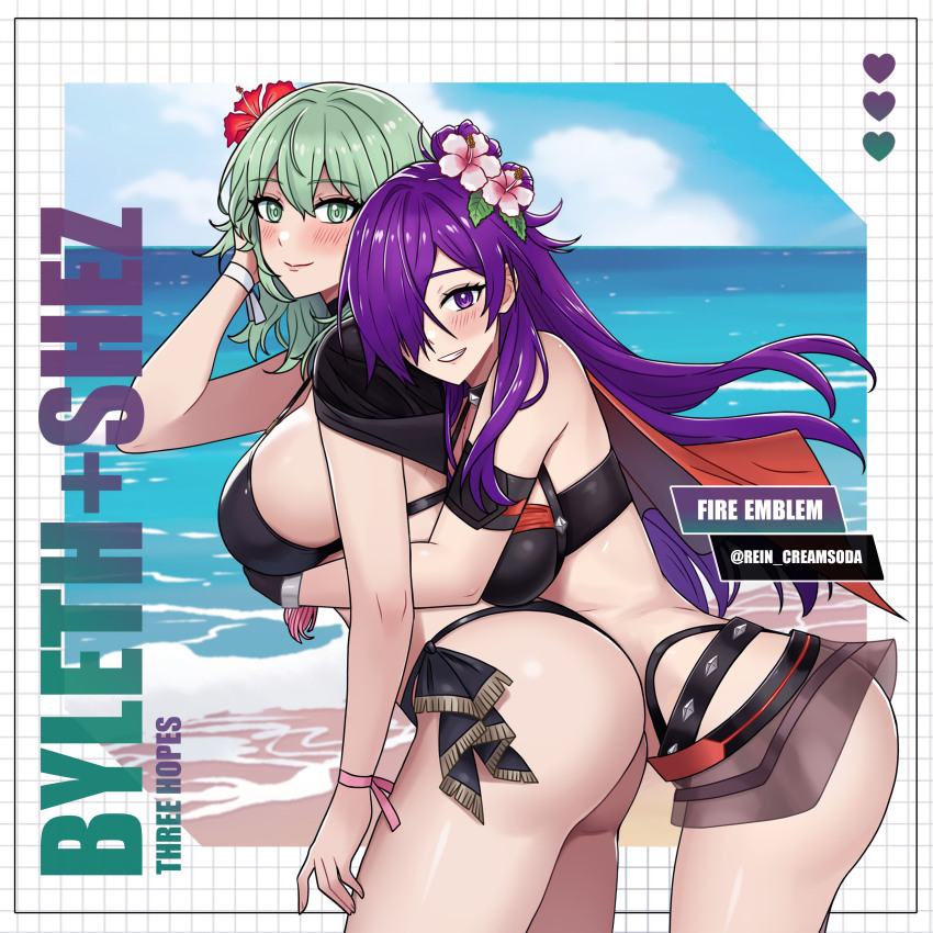 2girls absurdres artist_name ass bare_shoulders bikini black_bikini black_choker blue_sky blush breasts character_name choker closed_mouth cloud cloudy_sky commentary copyright_name day female_byleth_(enlightened)_(fire_emblem) female_byleth_(fire_emblem) female_byleth_(summer)_(fire_emblem) female_shez_(fire_emblem) female_shez_(summer)_(fire_emblem) fingernails fire_emblem fire_emblem:_three_houses fire_emblem_heroes fire_emblem_warriors:_three_hopes flower from_side green_eyes green_hair hair_bun hair_flower hair_ornament hair_over_one_eye hand_up hibiscus highres hug hug_from_behind large_breasts lips long_hair looking_at_viewer multiple_girls nintendo ocean official_alternate_costume official_alternate_hair_color outdoors purple_eyes purple_hair rein_creamsoda shiny_skin sky smile swimsuit thighs water