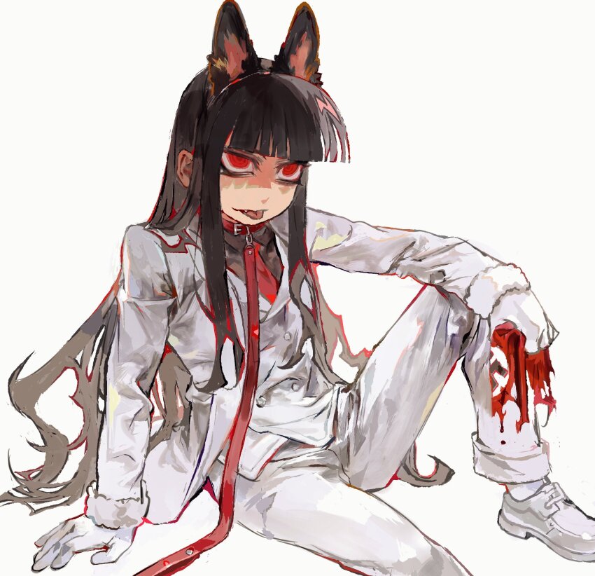 1girl 2ya0213 alucard_(hellsing) black_hair formal_clothes genderswap genderswap_(mtf) girlycard hellsing highres long_hair nazi pants red_eyes red_leash solo suit vampire very_long_hair white_pants white_suit