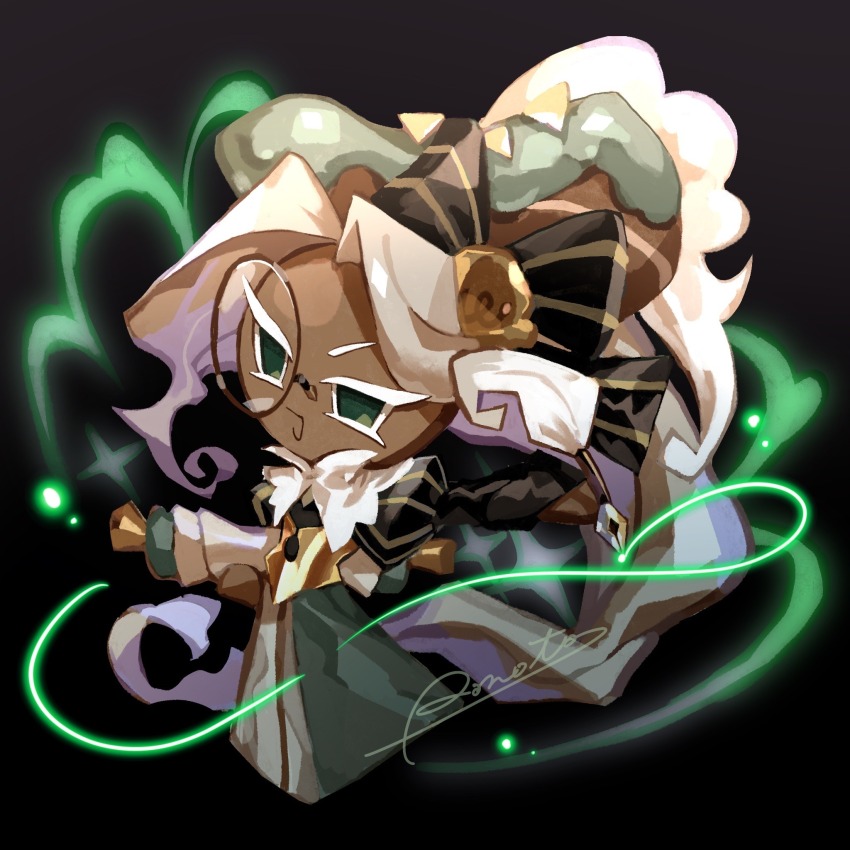 1boy absurdly_long_hair artist_name asymmetrical_hair black_background black_bow black_shirt blonde_hair bow cookie_run cookie_run:_kingdom corset dark-skinned_male dark_skin eclair_cookie full_body gold_corset green_eyes green_hat green_skirt hat hat_bow highres holding holding_quill holding_scroll juliet_sleeves long_hair long_skirt long_sleeves looking_at_viewer male_focus monocle no_pupils open_mouth outstretched_arm ponytail puffy_sleeves quill rn9j scroll shirt simple_background skirt solo striped_bow striped_clothes trap very_long_hair