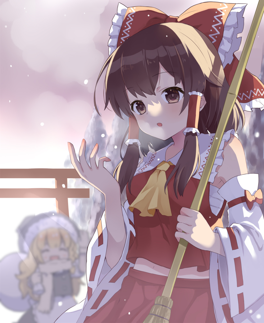 2girls ^_^ ahase_hino apron ascot black_hat black_skirt black_vest blonde_hair bow breasts broom brown_eyes brown_hair chest_sarashi closed_eyes cowboy_shot detached_sleeves frilled_bow frilled_hair_tubes frilled_shirt_collar frills hair_bow hair_tubes hakurei_reimu hat highres holding holding_broom kirisame_marisa light_blush long_sleeves medium_breasts medium_hair multiple_girls navel open_mouth outdoors red_bow red_skirt red_vest ribbon-trimmed_sleeves ribbon_trim sarashi scarf skirt skirt_set snowing solo_focus standing torii touhou vest white_apron white_sleeves wide_sleeves yellow_ascot