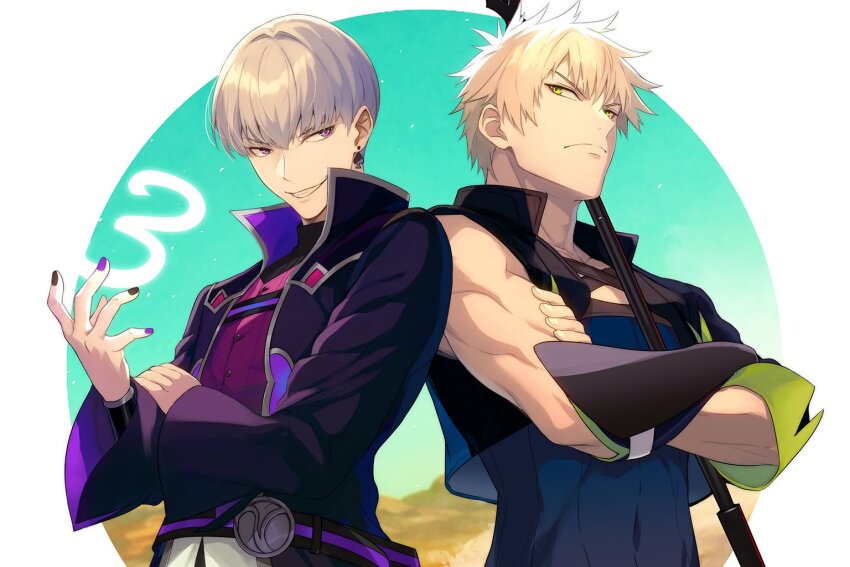 2boys asymmetrical_sleeves black_jacket blonde_hair crossed_arms earrings green_eyes grey_hair holding holding_polearm holding_weapon jacket jewelry loki_silveria mikata_ga_yowasugite_hojo_mahou_ni_tesshiteita_kyuutei_mahoushi_tsuihou_sarete_saikyou_wo_mezashimasu multiple_boys nail_polish ornest_rain polearm purple_eyes short_hair smile spear uneven_sleeves weapon yuunagi_(seventh_heaven)