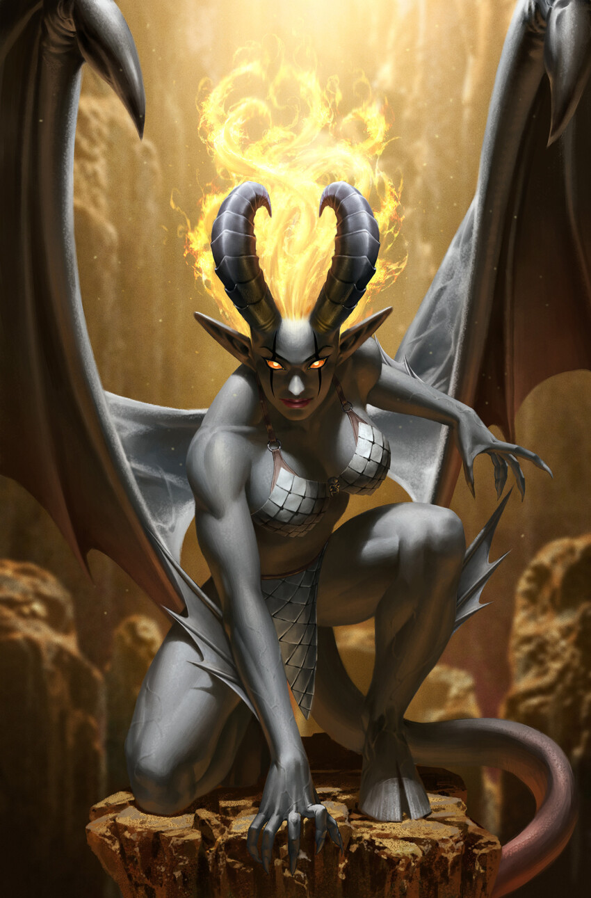 1girl armor bikini_armor breasts claws colored_skin demon_girl demon_horns demon_tail demon_wings fiery_hair glowing glowing_eyes grey_skin hell_sonja highres hooves horns large_breasts looking_at_viewer on_one_knee pointy_ears red_sonja_(comics) solo tail wings yellow_eyes yoon_junggeun