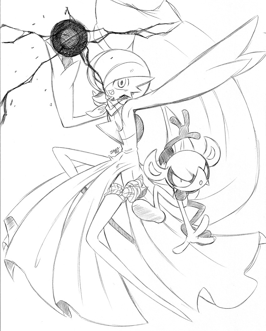 absurdres bob_cut dress fangs gardevoir gen_3_pokemon gen_8_pokemon greyscale hair_over_one_eye highres impidimp looking_at_viewer monochrome nintendo pokemon pokemon_(creature) scarf shadow_ball_(pokemon) signature simple_background sketch superiordutchsauce white_background