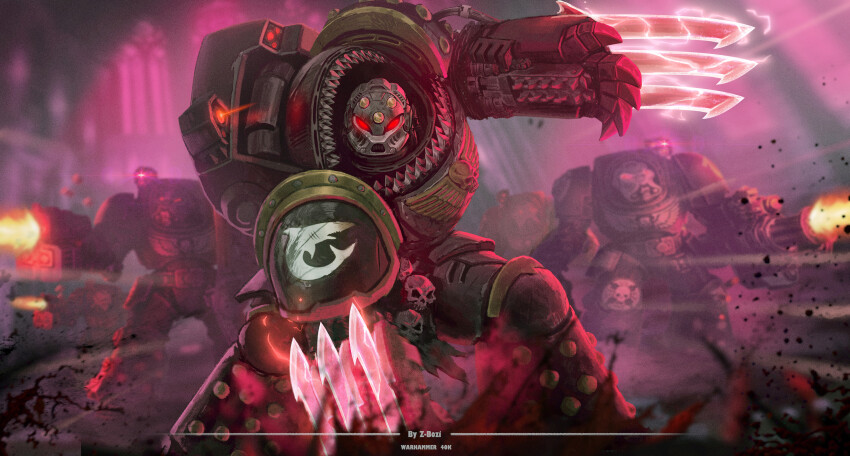 absurdres adeptus_astartes armor armored_boots battle bolter boots breastplate carcharodons cathedral commentary_request couter crotch_plate cuirass dreadnought_(warhammer_40k) firing gatling_gun gauntlets greaves green_armor highres indoors leg_armor lightning_claw minigun muntins pauldrons pelvic_curtain poleyn power_armor primarch red_eyes rerebrace shark shoulder_armor skull studded_armor tyberos_the_red_wake warhammer_40k weapon zhang_bozi