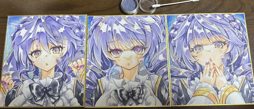 1girl az_(colorb05) breasts commentary_request donut_hair_bun double_bun dress drill_hair duel_monster hair_bun highres large_breasts long_hair multiple_expressions multiple_views photo_(medium) pout purple_eyes purple_hair purple_nails selettrice_vaalmonica shikishi twin_drills upper_body white_dress yu-gi-oh!