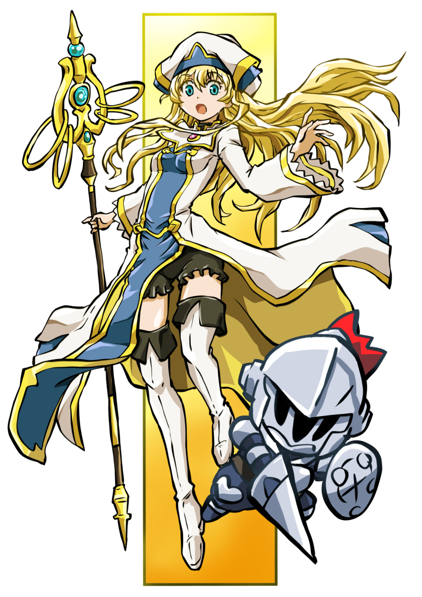 1boy 1girl black_shorts blonde_hair blue_eyes boots breasts chibi dress goblin_slayer goblin_slayer! grey_helmet habit hat helmet highres holding holding_shield holding_staff holding_sword holding_weapon long_hair open_mouth pelvic_curtain priestess priestess_(goblin_slayer!) shakujou shield shorts shorts_under_dress small_breasts staff sword taiga_hiroyuki thigh_boots thighhighs thighs two-tone_background visor_(armor) weapon white_dress white_footwear white_hat zettai_ryouiki