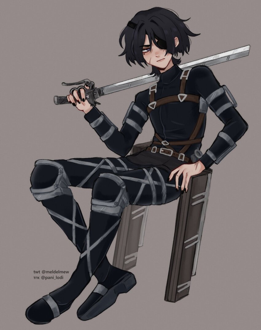 1boy arm_at_side belt belt_buckle black_bodysuit black_hair black_nails black_sleeves blunt_ends bodysuit brown_background brown_belt buckle chest_harness closed_mouth eyepatch frown full_body genshin_impact hair_intakes hand_up harness highres holding holding_sword holding_weapon knee_pads long_sleeves looking_at_viewer looking_to_the_side male_focus meldelmew mole mole_under_eye over_shoulder purple_eyes scar scar_on_face scaramouche_(genshin_impact) shingeki_no_kyojin solo sword sword_over_shoulder telegram_username thigh_strap three-dimensional_maneuver_gear tsurime twitter_username weapon weapon_over_shoulder