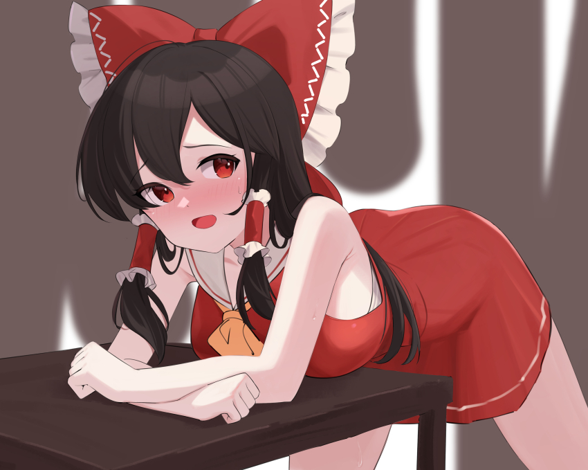 1girl absurdres ascot black_hair blush bow breasts commentary_request frilled_bow frilled_hair_tubes frills hair_bow hair_tubes hakurei_reimu highres leaning_on_table long_hair oeyama open_mouth paid_reward_available red_bow red_eyes red_skirt skirt skirt_set smile solo sweat touhou