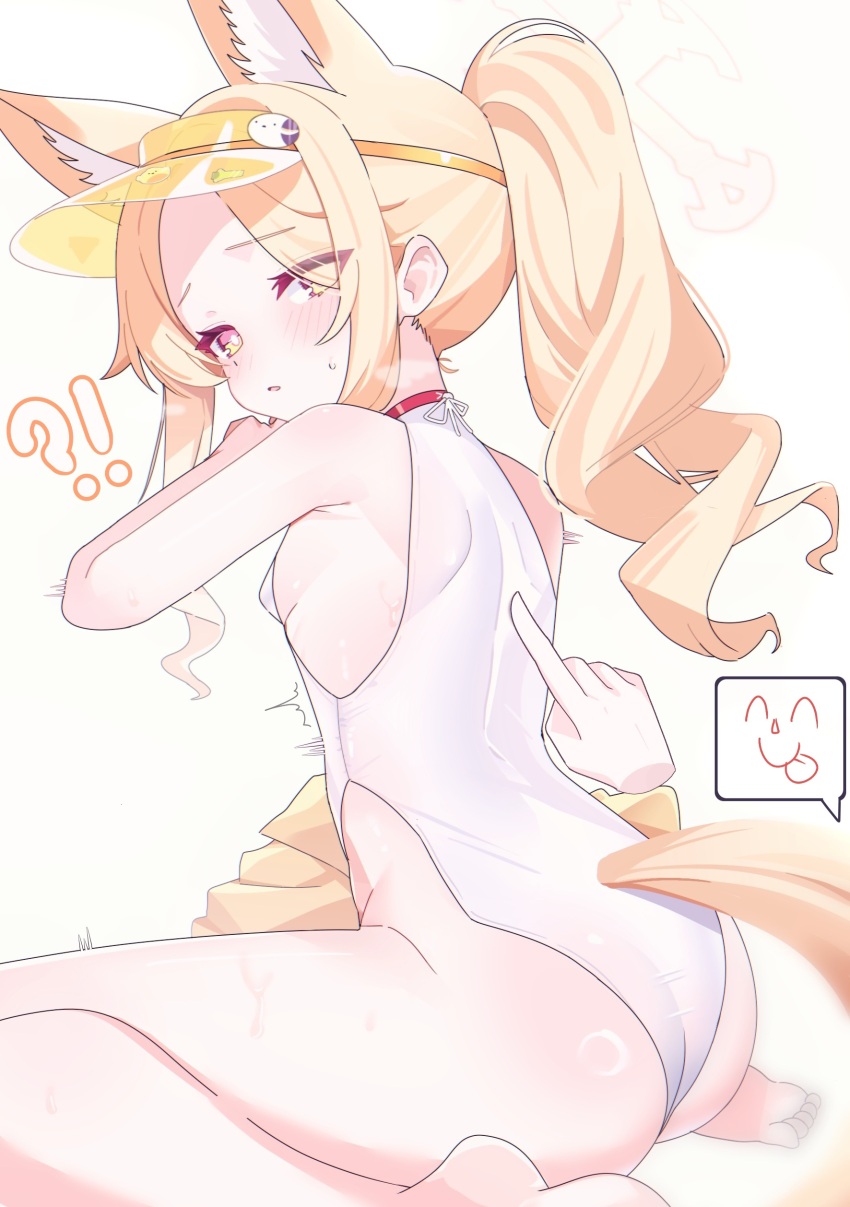 !? 1boy 1girl absurdres animal_ear_fluff animal_ears ass bare_arms bare_legs bare_shoulders barefoot blonde_hair blue_archive blush breasts bright_pupils clothing_cutout covered_erect_nipples covered_navel cross_halo diamond_cutout disembodied_hand doodle_sensei_(blue_archive) extra_ears eyes_visible_through_hair feet fox_ears fox_girl fox_tail from_behind gradient_eyes hair_over_one_eye halo highleg highleg_one-piece_swimsuit highres jacket loli long_hair looking_at_viewer looking_back multicolored_eyes official_alternate_costume official_alternate_hairstyle one-piece_swimsuit open_mouth orange_eyes poko050498 seia_(blue_archive) seia_(swimsuit)_(blue_archive) sensei_(blue_archive) side_ponytail sideboob simple_background sitting small_breasts soles solo_focus swimsuit tail thighs toes trembling unworn_jacket very_long_hair visor_cap wariza white_background white_one-piece_swimsuit white_pupils yellow_halo yellow_jacket yellow_visor
