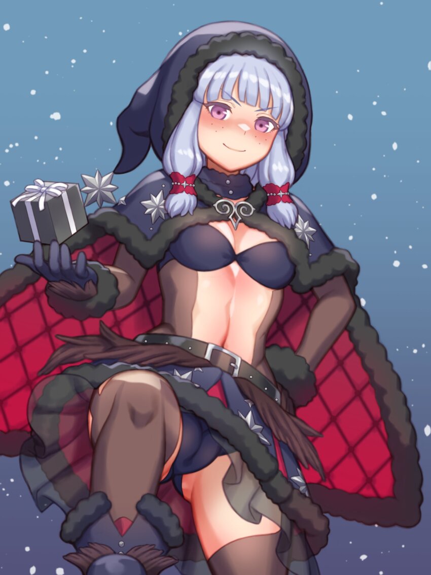 1girl absurdres agria_(black_santa)_(tales) agria_(tales) argyle_cloak black_cloak blunt_bangs blush bodystocking box cameltoe cape christmas cloak clothing_cutout commission folks_(nabokof) freckles fur-trimmed_cloak fur_trim gift gift_box hair_rings highres hood hooded_cloak long_hair looking_at_viewer low-tied_sidelocks navel official_alternate_costume outdoors purple_eyes sidelocks skirt smile snowing solo standing star_(symbol) stomach tales_of_(series) tales_of_the_rays tales_of_xillia thigh_cutout white_hair
