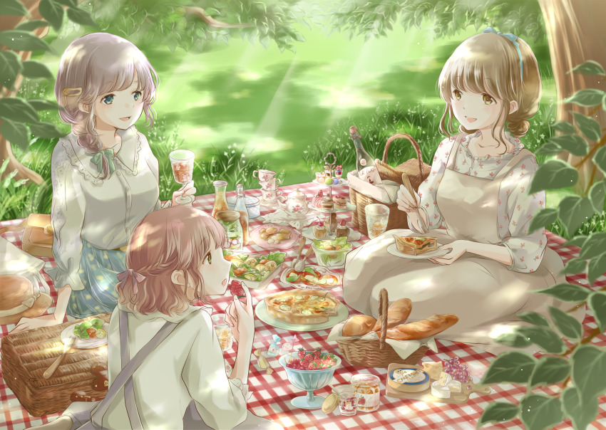 3girls arm_support arms_up bag baguette barefoot blanket blouse blue_skirt blurry bottle bowl braid braided_ponytail branch bread brown_dress brown_eyes brown_hair cake cake_slice carafe checkered_blanket cheese cheese_wheel cup cupcake dappled_sunlight day depth_of_field dress drinking_glass floral_print food fork french_braid fruit grapes grass green_eyes grey_skirt hair_bun hair_ornament hair_ribbon hairclip handbag hat highres holding holding_cup holding_food holding_fork holding_fruit holding_plate hoshiibara_mato jam jar light_brown_hair long_sleeves looking_at_another macaron multiple_girls open_mouth original outdoors parfait picnic picnic_basket pinafore_dress plate profile quiche ribbon salad saucer shirt sideways_mouth single_braid single_hair_bun sitting skirt sleeveless sleeveless_dress slice_of_life spoon spring_(season) straw_hat strawberry strawberry_shortcake sunlight swept_bangs swiss_cheese teacup teapot tiered_tray tomato tree tree_shade tress_ribbon under_tree unworn_hat unworn_headwear wariza white_shirt wine_bottle yokozuwari