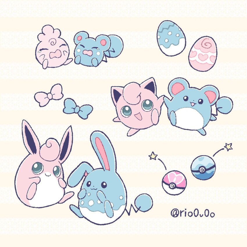 azumarill azurill bow closed_mouth crying dive_ball egg evolutionary_line full_body gen_1_pokemon gen_2_pokemon gen_3_pokemon green_eyes highres igglybuff jigglypuff love_ball marill nintendo open_mouth poke_ball pokemon pokemon_(creature) rio_(rio0v0o) smile twitter_username wigglytuff