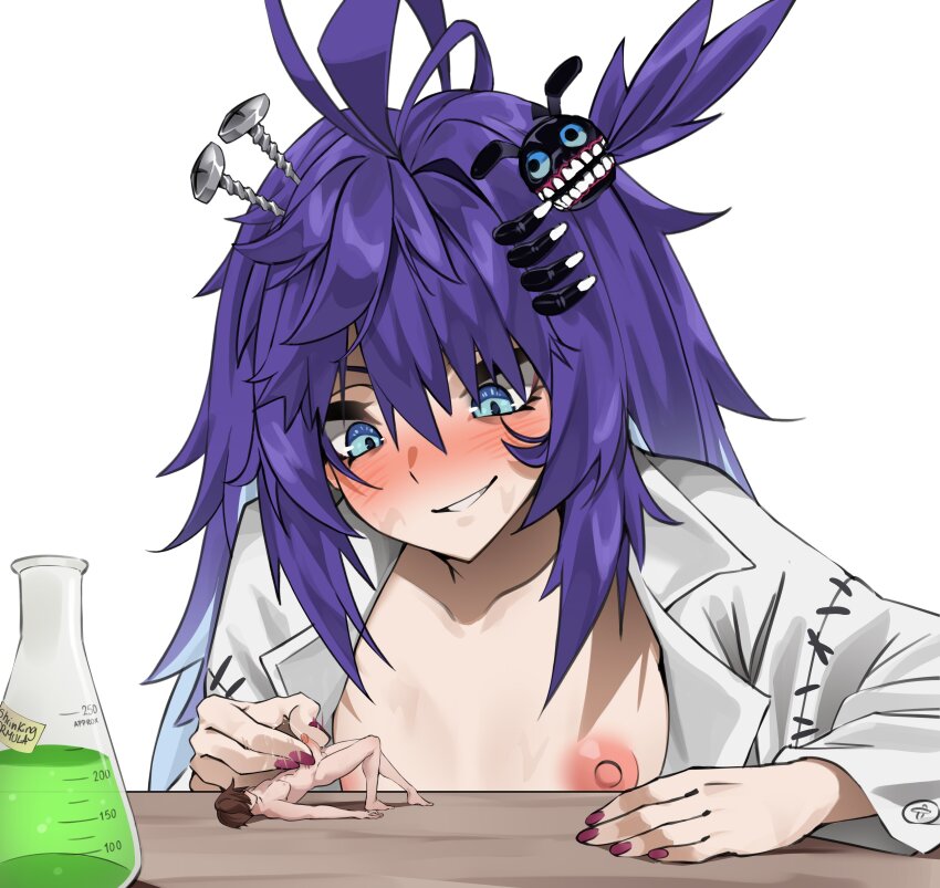 1boy 1girl absurdres artselmetti barefoot blue_eyes blush breasts coat completely_nude dr.nova(e) erlenmeyer_flask flask hair_ornament handjob hetero highres lab_coat long_hair long_sleeves looking_at_another mad_scientist messy_hair mini_person miniboy nail_polish naked_lab_coat nipples nude object_through_head one_side_up open_clothes open_coat parted_lips penis purple_hair red_nails screw_in_head simple_background size_difference small_breasts smile solo stitches uncensored v4mirai virtual_youtuber white_background
