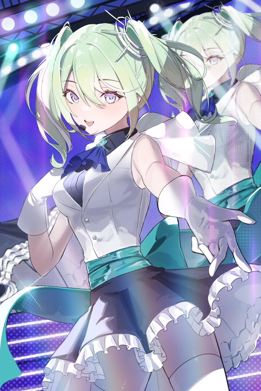 1girl absurdres aqua_bow ascot black_shirt black_skirt blue_ascot bow breasts cape commentary concert cowboy_shot dokori765 glint gloves green_hair hand_up headset highres jacket large_breasts looking_at_viewer medium_hair multicolored_eyes open_mouth outstretched_hand petticoat shirt skirt sleeveless sleeveless_jacket solo stage_lights standing stellive symbol-only_commentary thighhighs triangle_mouth two-tone_eyes virtual_youtuber white_cape white_gloves white_jacket white_thighhighs yuzuha_riko
