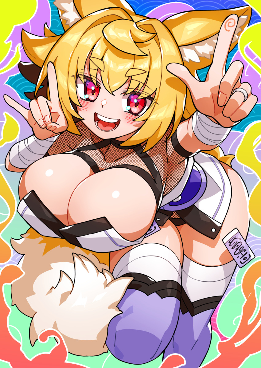 1girl animal_ears arm_wrap blonde_hair blush borrowed_character breast_cutout breasts cleavage commission fishnet_leotard fishnets fox_ears fox_girl fox_shadow_puppet fox_tail fuji_tarawi highres jewelry konari_konshirou large_breasts leotard looking_at_viewer ofuda open_mouth original purple_thighhighs red_eyes revealing_clothes ring skeb_commission smile solo tail thighhighs underbust wedding_ring