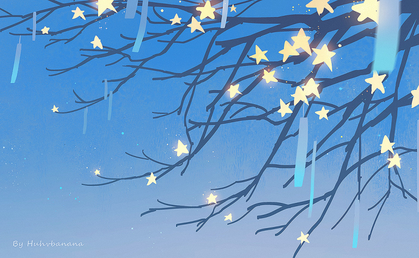 artist_name blue_sky branch huhv. night no_humans original outdoors scenery sky star_(sky) star_(symbol) tanabata tanzaku tree