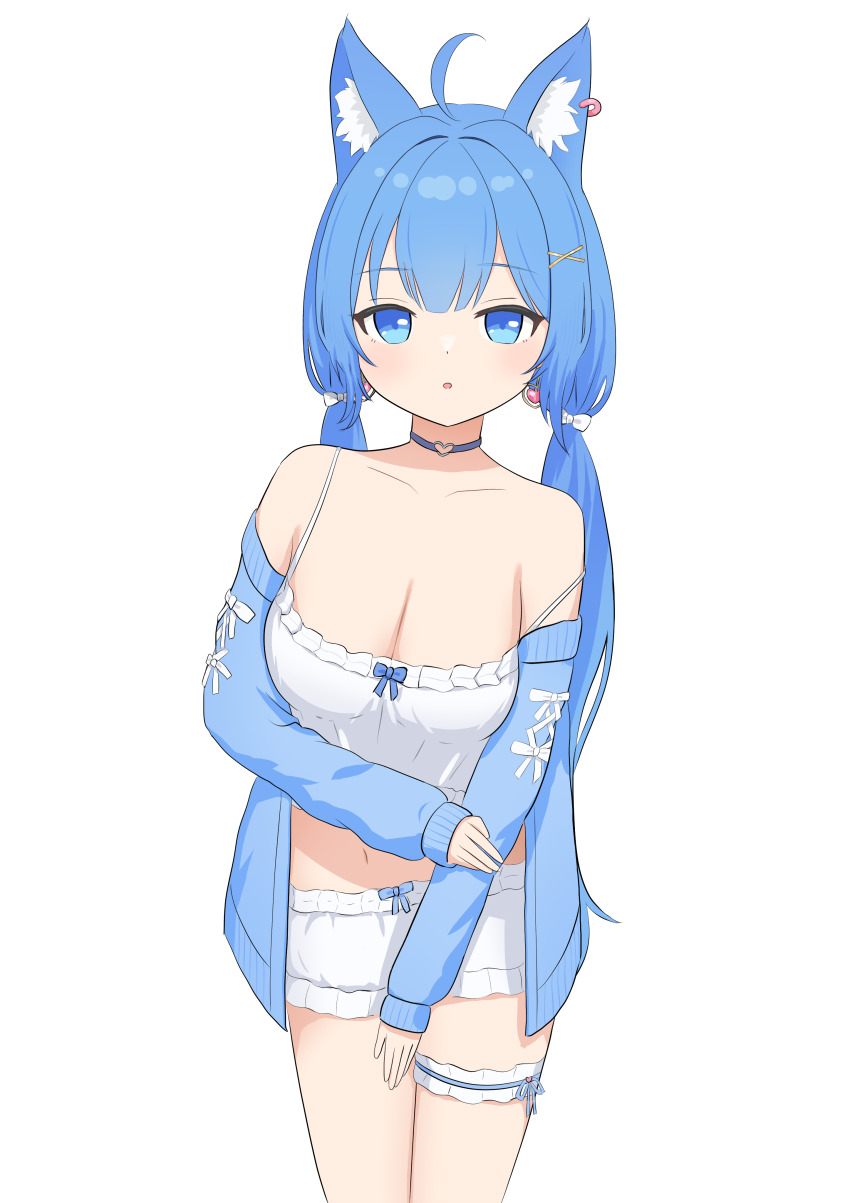 1girl absurdres ahoge alternate_costume animal_ear_piercing animal_ears blue_cardigan blue_eyes blue_hair blush breasts camisole cardigan cleavage commentary_request cowboy_shot dog_ears dog_girl earrings frilled_thigh_strap hair_ornament highres jewelry large_breasts long_hair looking_at_viewer low_twintails nanashi_inc. open_cardigan open_clothes open_mouth rjrcvd short_shorts shorts simple_background single_earring solo souya_ichika strap_slip thigh_strap transparent_background twintails virtual_youtuber white_camisole white_shorts x_hair_ornament