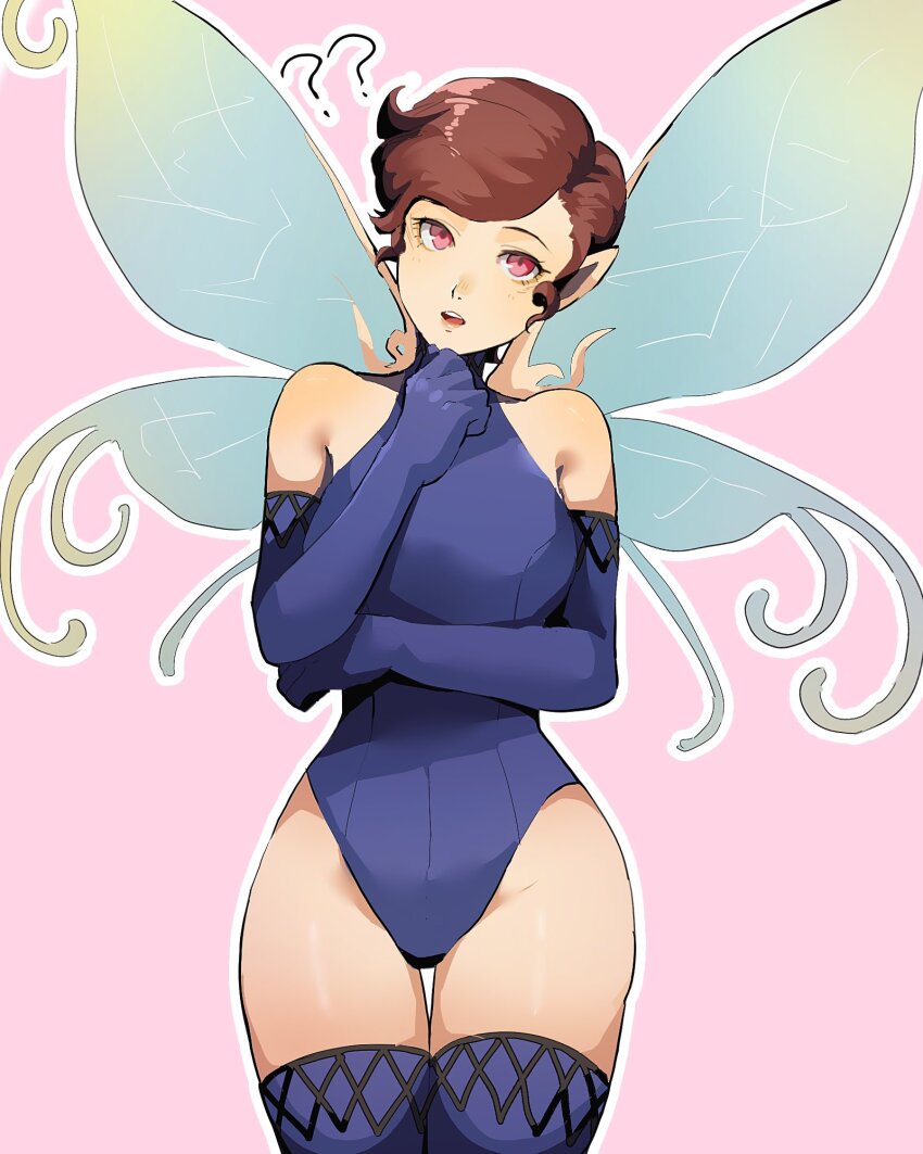 1girl 4me3ba_niku ? ?? bare_shoulders blue_gloves blue_leotard blue_thighhighs breasts elbow_gloves fairy fairy_wings gloves highres leotard looking_at_viewer medium_breasts non-web_source parted_lips pink_background pixie_(megami_tensei) red_eyes red_hair shin_megami_tensei short_hair simple_background solo thighhighs very_short_hair wings