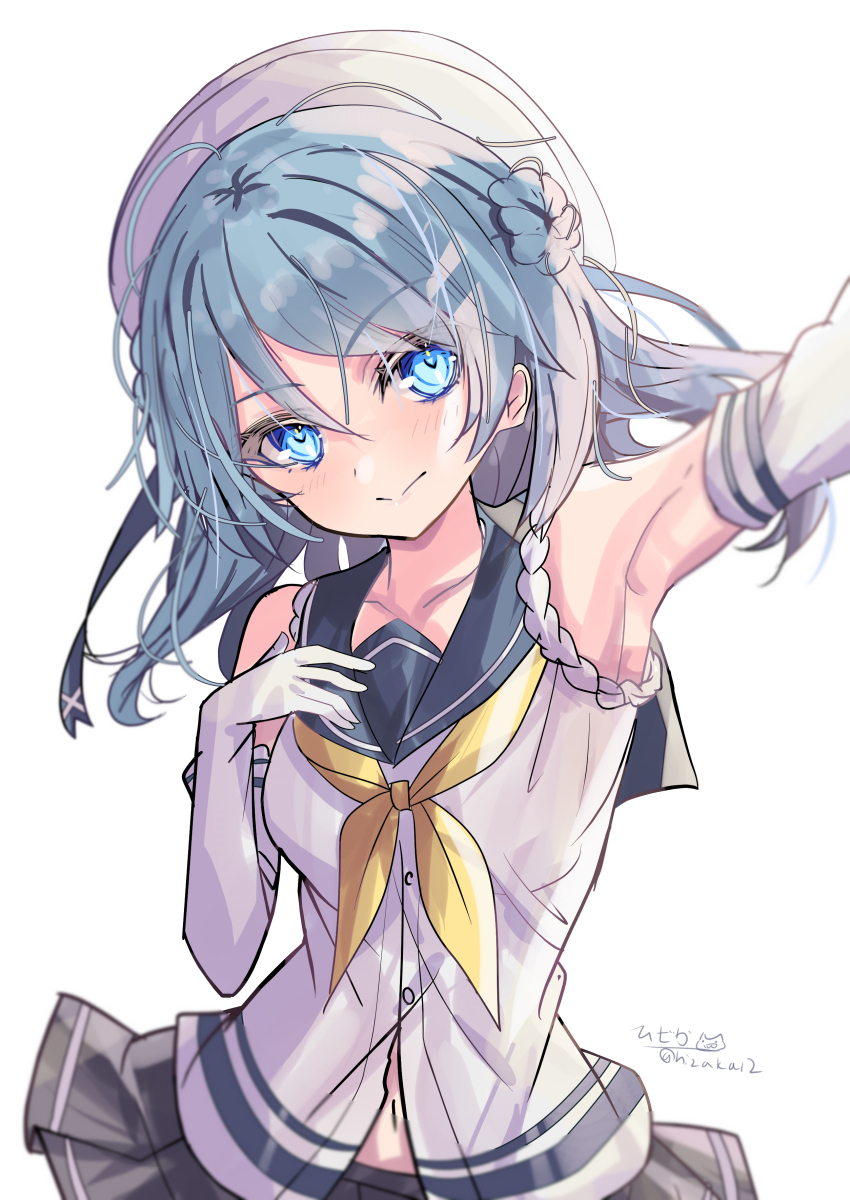 1girl absurdres beret blue_eyes blue_hair breasts donut_hair_bun double_bun elbow_gloves gloves grey_skirt hair_bun hat highres hizaka kantai_collection large_breasts looking_at_viewer neckerchief sailor_hat school_uniform serafuku signature skirt sleeves_rolled_up twitter_username upper_body urakaze_(kancolle) white_gloves white_hat yellow_neckerchief