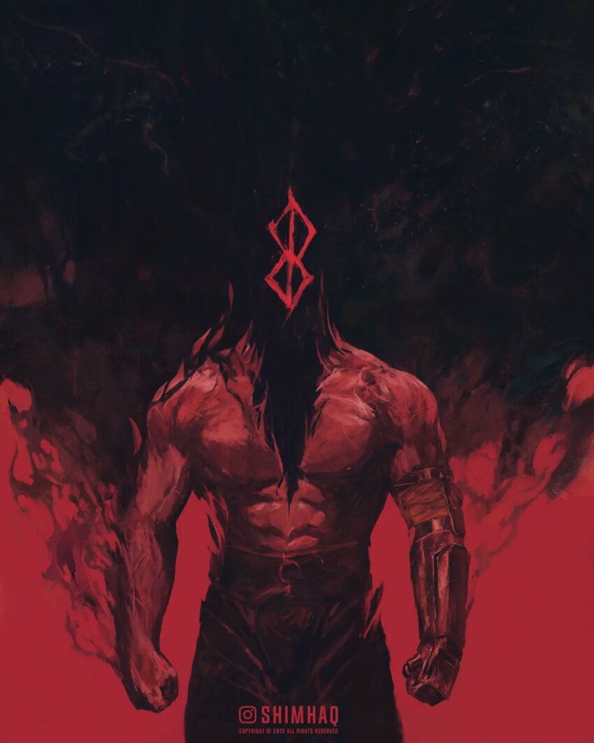 1boy abs artist_name berserk black_hair black_pants brand_of_sacrifice clenched_hands closed_eyes commentary copyright_notice english_commentary guts_(berserk) highres instagram_logo looking_up muscular pants prosthesis prosthetic_arm red_theme shimhaq short_hair topless_female topless_male transformation