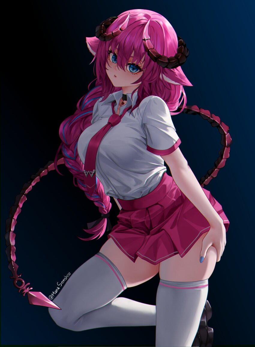 1girl animal_ears artist_name black_shoes blue_background blue_eyes blue_hair blue_nails braid breasts curled_horns demon_girl eyebrows eyelashes female_focus fingernails foot_out_of_frame foot_up from_side goat_girl goat_horns gradient_background hand_on_own_thigh highres horns indie_virtual_youtuber irelyth_(vtuber) large_breasts long_hair looking_at_viewer looking_to_the_side low-braided_long_hair low-tied_long_hair mana_(manasenshou) multicolored_hair nail_polish necktie open_mouth pink_hair pink_necktie pink_skirt school_uniform shirt shoes simple_background skirt solo standing standing_on_one_leg tail thighhighs two-tone_hair virtual_youtuber white_shirt white_thighhighs