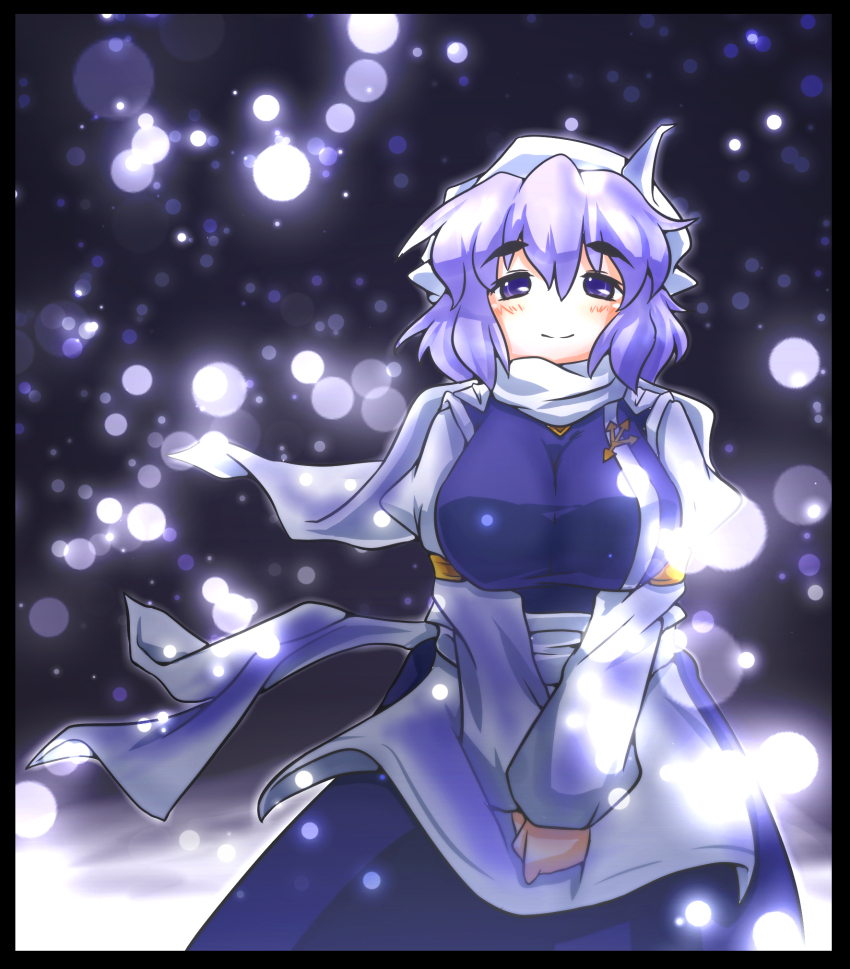 1girl apron black_border blue_skirt blue_vest blurry blush bokeh border breasts commentary depth_of_field floating_clothes hair_between_eyes hat highres large_breasts letty_whiterock long_sleeves looking_at_viewer oressama outdoors own_hands_together purple_eyes purple_hair scarf shirt skirt smile snow snowing solo touhou v_arms vest white_apron white_hat white_scarf white_shirt