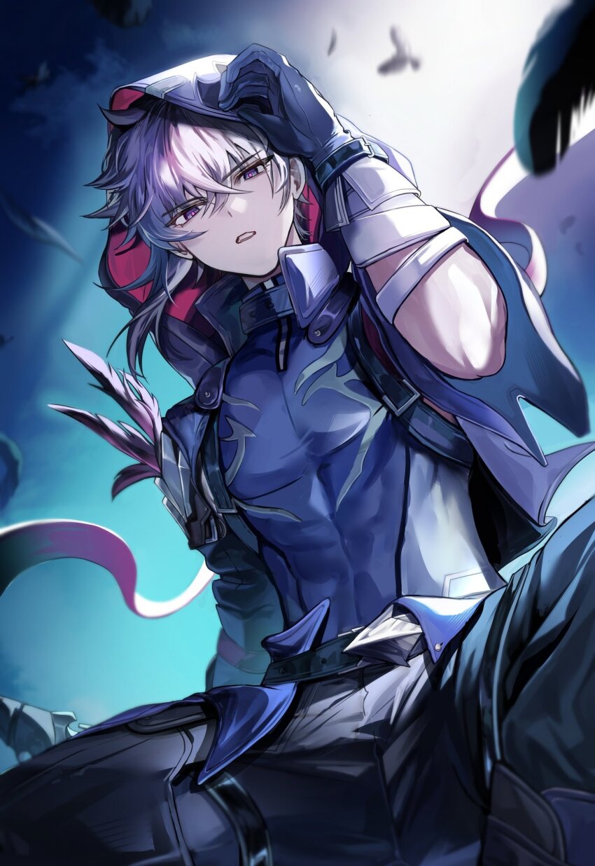 1boy arm_up belt belt_collar black_belt black_feathers black_gloves black_pants collar commentary compression_shirt covered_abs covered_pectorals crossed_bangs falling_feathers feathers feet_out_of_frame gloves grey_hair hair_between_eyes hashtag-only_commentary highres honkai:_star_rail honkai_(series) hood hooded_jacket jacket kats20000 looking_at_viewer male_focus moze_(honkai:_star_rail) multicolored_eyes open_clothes open_jacket pants parted_lips pectorals plume purple_jacket purple_shirt shirt solo spread_legs teeth two-sided_hood wide_sleeves